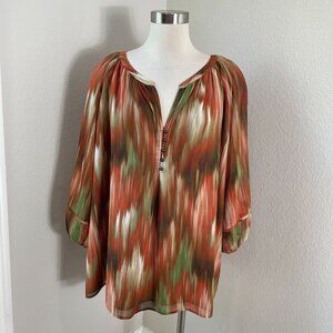 Jones New York Woman‎ Plus 3X Signature Blouse Orange Green Pattern Shirt Top